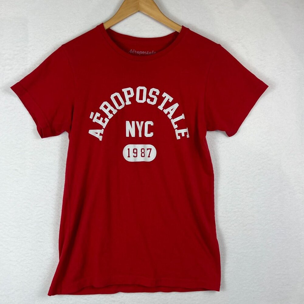 Aeropostale NYC 1987 Womens Red Graphic Printed T-Shirt Size S Short Sleeve